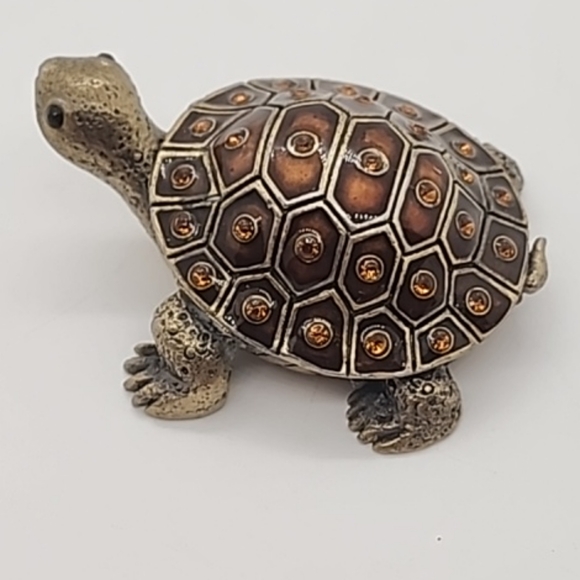 Turtle Enamel Topaz Rhinestone Brass Hinged Pill Trinket Box Vintage Tortoise - Picture 6 of 13